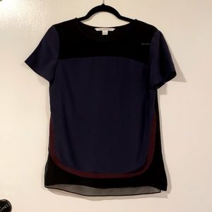 DVF Silk Color Block Blouse with Mesh Front Detail